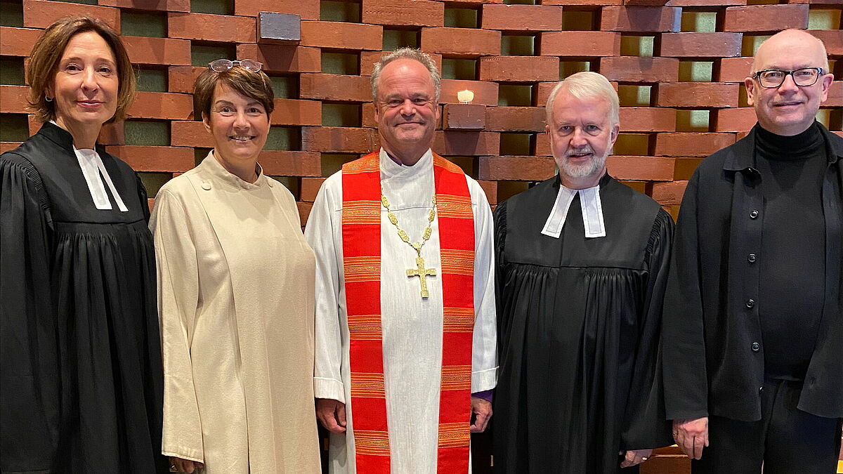 Das Liturgenteam beim Chrysostomos-Empfang der Nordkirche: Pastorin Annette Reimers-Avenarius, Pastorin Marianna Nestoris, Bischof Tilman Jeremias, Pastor Frank Lotichius 
und Kirchenmusiker Gerd Jordan @Claudia Ebeling / Nordkirche