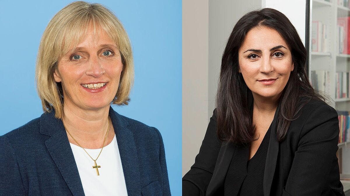 Pastorin Ulrike Murmann (l.) und Journalistin Düzen Tekkal diskutieren in der Zentralbibliothek der Bücherhallen die Frage "In welcher Gesellschaft wollen wir leben?"