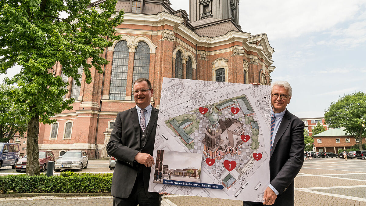 Hauptgeschäftsführer Thorsten Schulze und Hauptpastor Alexander Röder mit dem Übersichtsbild des Kirchplatzes