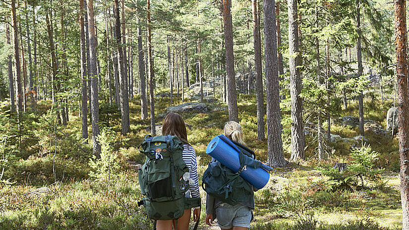 2 junge Menschen Wandern mit Rucksäcken durch einen Wald.