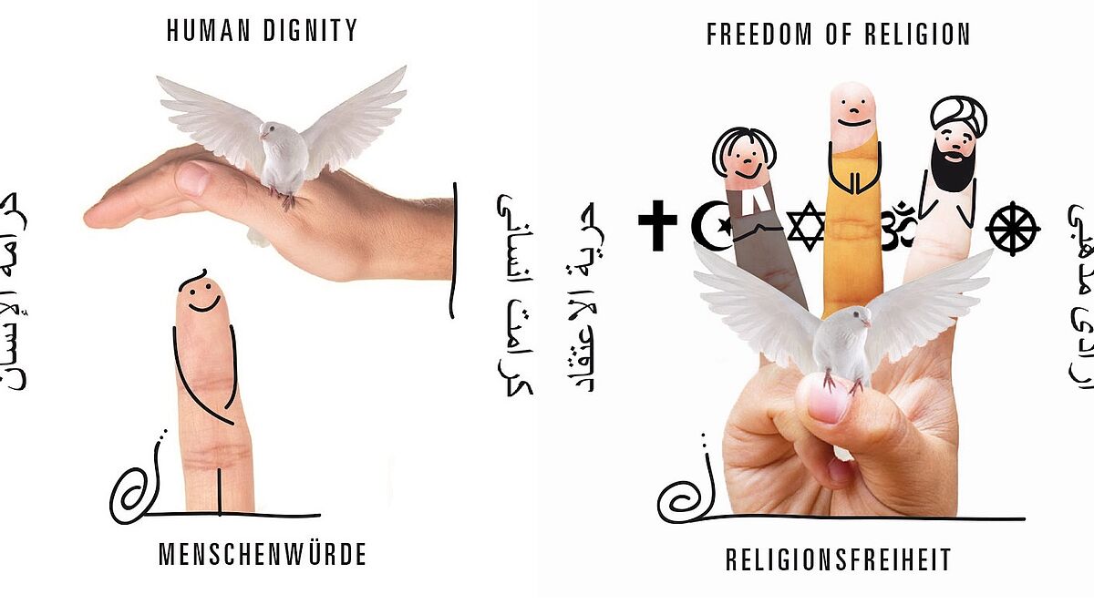 Die Karten "Menschenwürde" und "Religionsfreiheit" aus dem "Spiel der Demokratie", das an der Akademie der Nordkirche entwickelt worden ist.