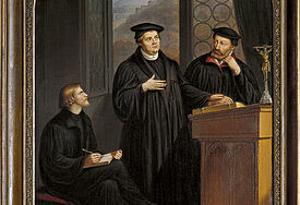Gemälde von G. Baumann: "Brenz und Isenmann bei Luther in Heidelberg, 1854". Das Bild hängt in der Kirche St. Katharina in Schwaebisch-Hall und zeigt den Reformator Martin Luther  mit dem Reformator Johannes Brenz und Pfarrer Johann Isenmann bei der Disputation Luthers am 26. April 1518 in Heidelberg.