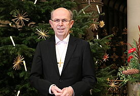 Bischof Magaard vor dem Weihnachtsbaum im Schleswiger Dom