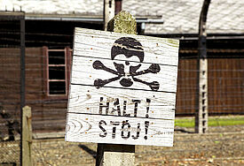 Schild mit Totenkopf am ehemaligen Konzentrationslager Auschwitz-Birkenau in Polen. Am 27.1.1945, wurde das KZ von russischen Truppen befreit.