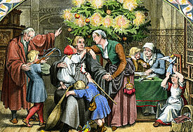 'Luthers Winterfreuden im Kreise seiner Familie'.   Radierung, 1847, von Gustav König (1808-1869). 
