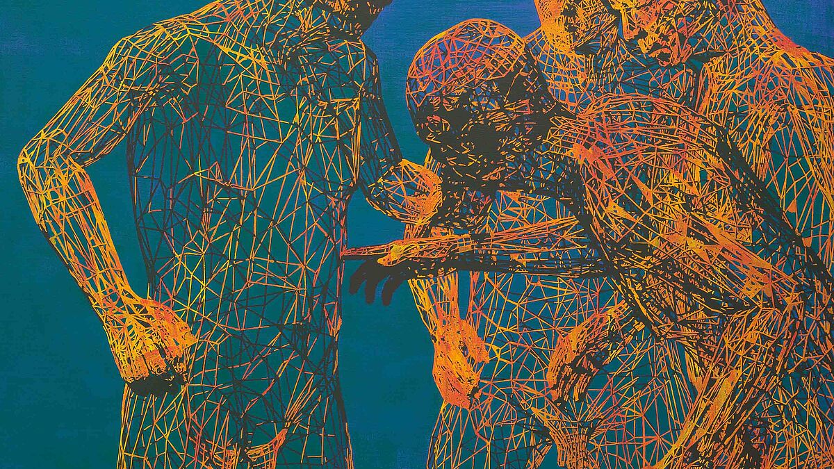 Die Arbeit "Zero Degree Doubt" (2013) von Miao Xiaochun ist eine mittels Computertechnik produzierte und in minutiöser Handarbeit ausgeführte Malerei in Anlehnung an das Gemälde "Der ungläubige Thomas" von Caravaggio aus dem 17. Jahrhundert. 