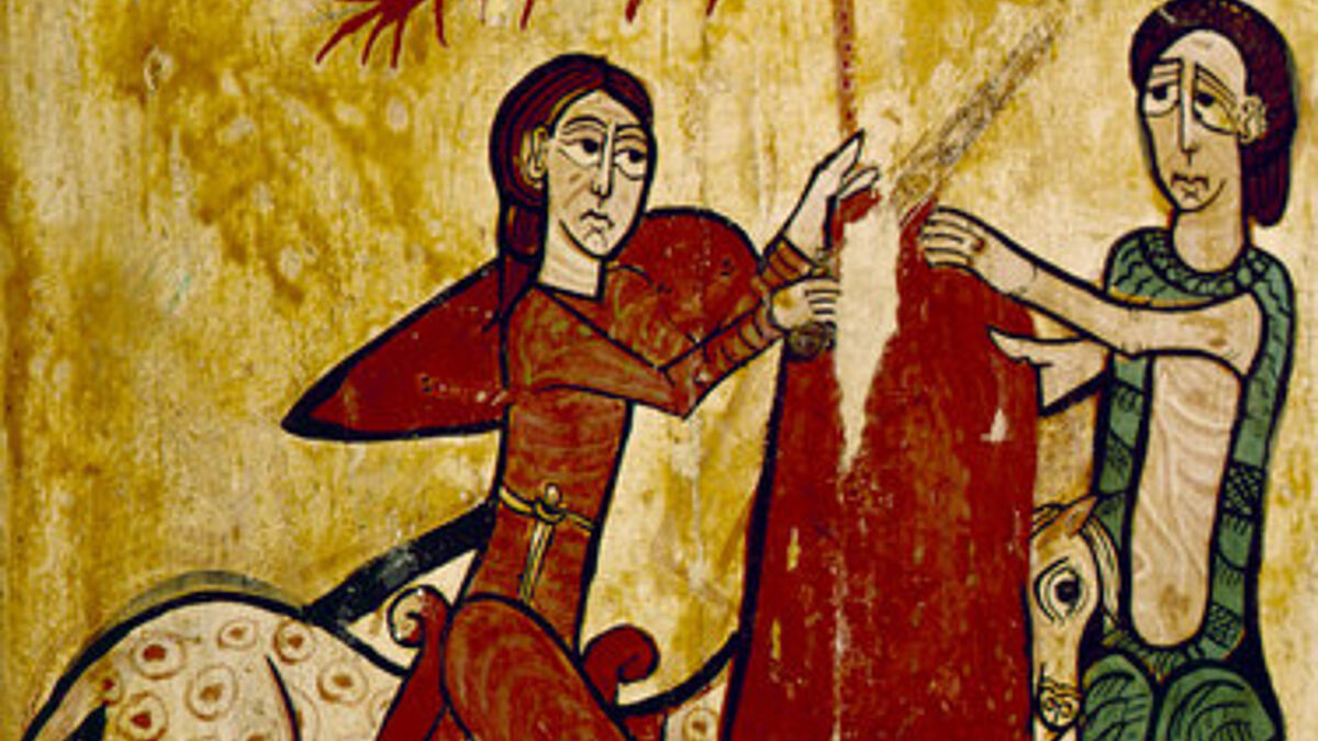 "Der Heilige Martin von Tours und der Bettler", katalanisches Fresko des 11. Jh. aus Gombreny. Das Werk befindet sich in Vic (Barcelona), Museu Arqu. Episcopal.