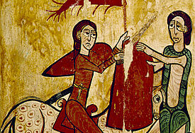 "Der Heilige Martin von Tours und der Bettler", katalanisches Fresko des 11. Jh. aus Gombreny. Das Werk befindet sich in Vic (Barcelona), Museu Arqu. Episcopal.