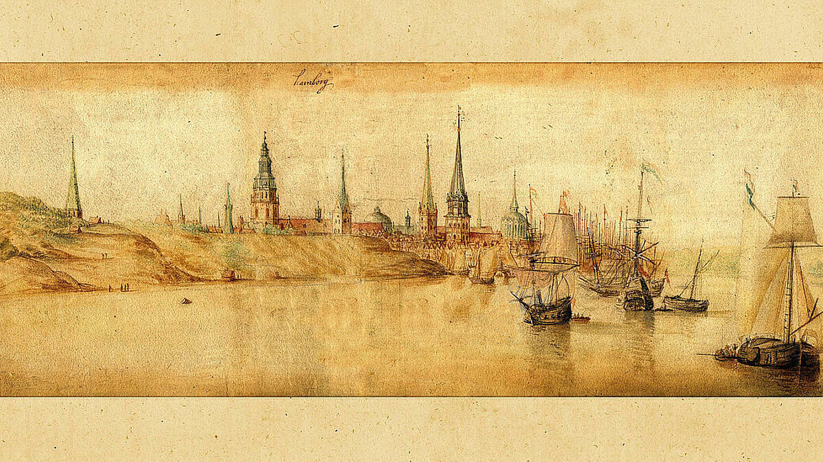 Dieses Panorama eines unbekannten Autors 1610 zeigt Hamburg von der Elbseite von Westen. Die Neustadt ist noch nicht in die Stadtbefestigung einbezogen. Die Kirchtürme von r. nach l.: St. Katharinen (mit runder Kuppel), St. Jakobi, Dom, St. Petri und St. Nikolai. Links die Michelkapelle außerhalb der Stadtmauern.